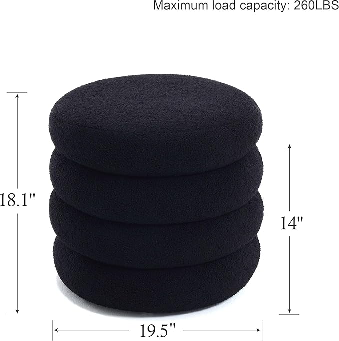 Boucle Ottoman with Storage Black, Small Round Footrest Stool with Removable Lid, Upholstered Sherpa Vanity Chair for Bedroom Entryway