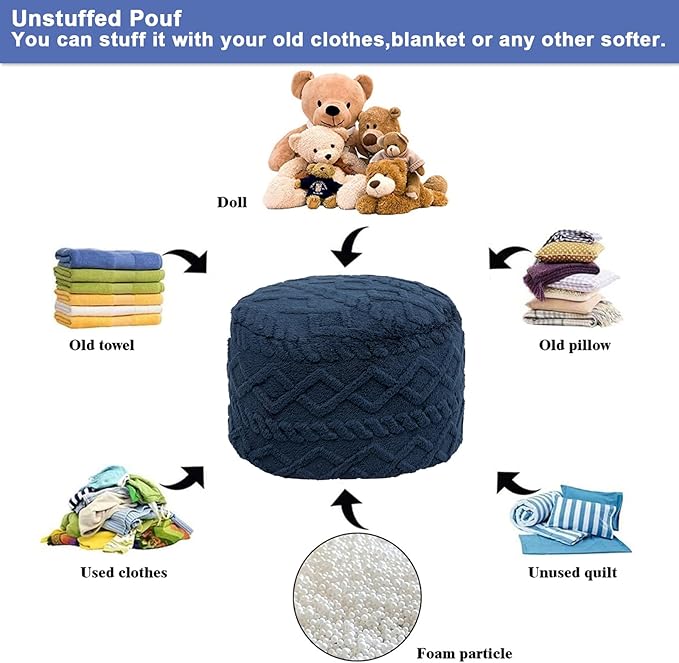 Unstuffed Pouf Ottoman Cover Handmade Footstool Ottoman Storage Solution Floor Pouf Footrest Cushion 20Diameter x12Height Inches for Living Room Wedding Bedroom Navy Blue No Filler