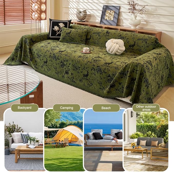 ROOMLIFE Green Couch Cover Sofa Covers, Chenille Couches Covers for 3 Cushion Sofas, Non Slip Soft Breathable Sofa Slipcovers for Pet, Washable Furniture Protector with Tassel,71''X134”