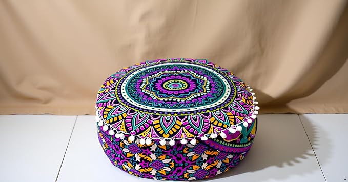 INDIAN CRAFT CASTLE ICC Floor Pillows & Cushion Covers Decorative Hippie Mandala Pouf Pillow Covers Seating Meditation Cushion Cover Large Boho Ottoman Case Pillowcase Couch New Pink, 16" Round