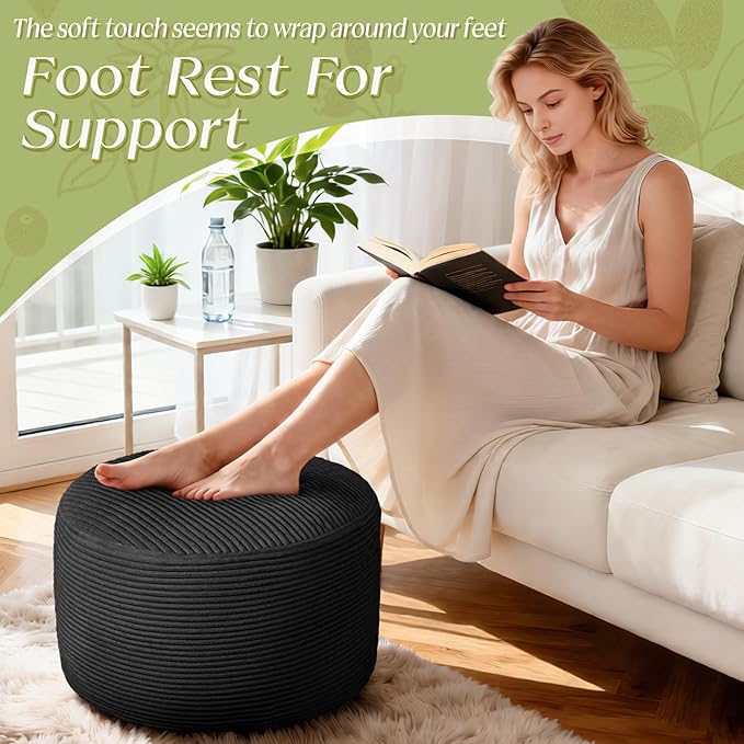 Round Corduroy Ottoman Foot Rest Pouf for Living Room Couch - Soft Plush Shredded Foam Filled Hassock Stool, Comfy Footstool