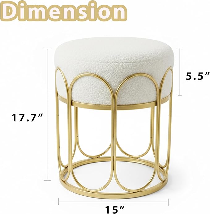 Already Installed Modern Gold metal Round Vanity Stool - White Sherpa Ottoman & Gold Frame Pouf, 17.7" Boucle Fuzzy Foot Rest for Bedroom Makeup, Small Plush Mid Century Chair (300lbs Capacity)