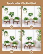 Convex Corner Plant Stand Indoor Outdoor, Wood Adjustable Plant Shelf, Long Flower Stand for Small Apartment Living Room Balcony, Carbonized Color