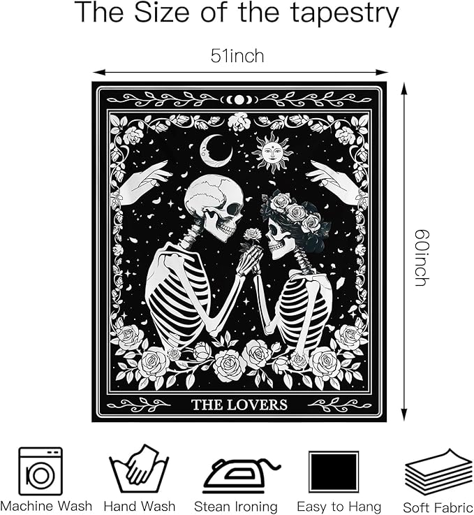 Atrippy Halloween Gothic Room Decor Tapestry, Goth Skull Grunge Tapestry for Bedroom, Witchy Dark Aesthetic Home Decor, Small Skeleton Vintage Black and White Emo Wall Decor (51" X 60")