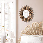 Emfogo Wall Mirror 12 inch Rustic Wood Sunburst Boho Mirror Farmhouse Wall Decor Room Decor Home Decor for Bedroom Living Room Entryway (Tri-Color)