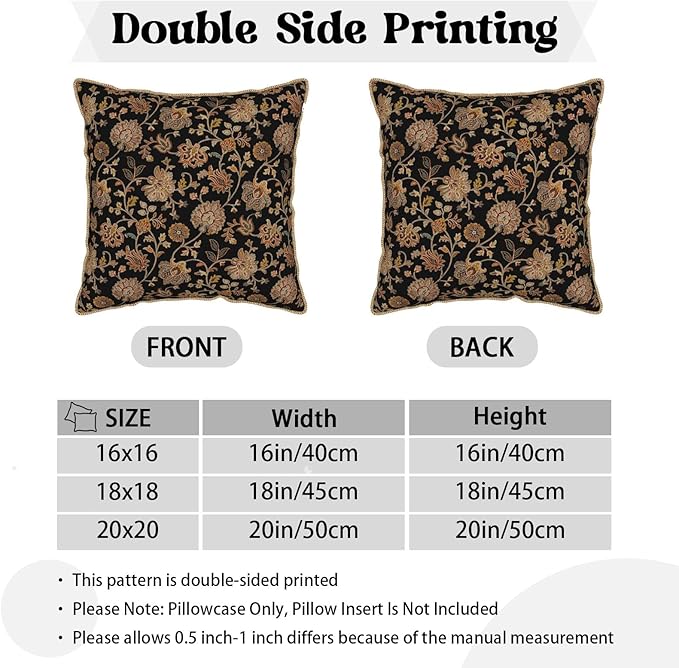 Vintage Tapestry Floral Soft Velvet Throw Pillow Covers Set of 2 Black Brown Bohemian Boho Carpet Flowers Decorative Pillow Covers 16x16 Inch Rustic Retro Rug Pillow Case For Sofa Couch Home Decor