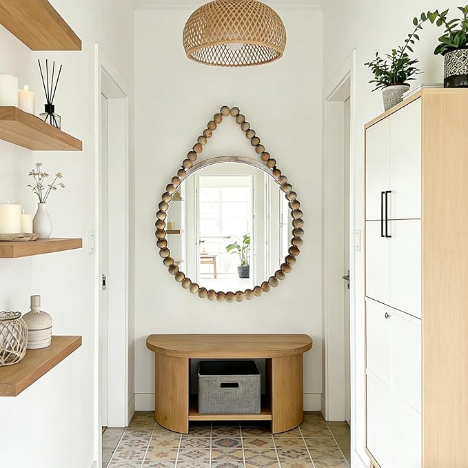 POZINO Wood Round Mirror, 36" Large Wooden Beaded Mirror, Farmhouse Hanging Country Rustic Mirrors with Rope, Spherical Frame Circle Mirrors for Bathroom Bedroom Living Room Hallway Entryway Fireplace