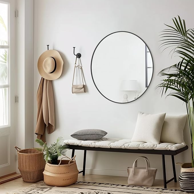 WallBeyond Round Wall Mirror 28 inch Black Large Circle Mirror for Bathroom with Metal Framed, Round Black Mirror for Wall Decor, Vanity, Entryway Living Room