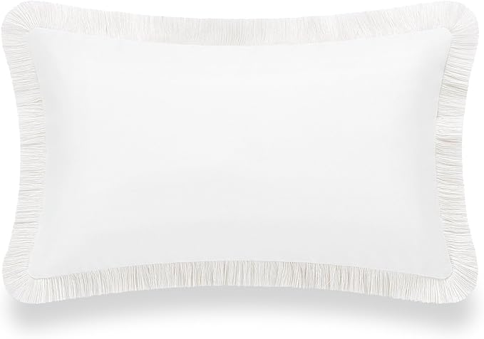Hofdeco Premium Patio Indoor Outdoor Lumbar Pillow Cover Only, 12"x20", Water Resistant, Solid with White Fringe for Backyard and Couch