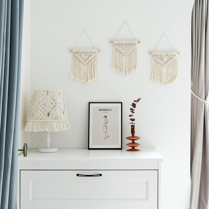 Mkono Boho Wall Decor Mini Macrame Wall Hanging Art 3 Pack Cute Christmas Tree Decoration for Living Room Bedroom Bathroom Teen Girls Room Dorm Home Office Gift Idea, 8''W x 9''H, Small