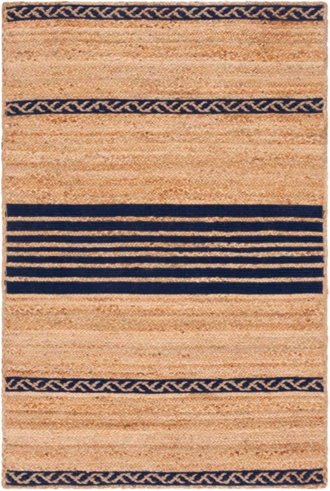 SAFAVIEH Natural Fiber Collection Accent Rug - 4' x 6', Natural & Navy, Handmade Stripe Boho Farmhouse Rustic Braided Jute, Ideal for High Traffic Areas in Entryway, Living Room, Bedroom (NFB262N)