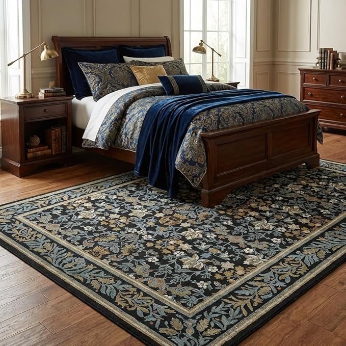 GarveeHome 5x7 Area Rugs Washable Rugs for Living Room, Boho Vintage Rug Non Slip Low Pile Stain Resistance Indoor Soft Large Carpet for Bedroom Dining Room Office Blue Black