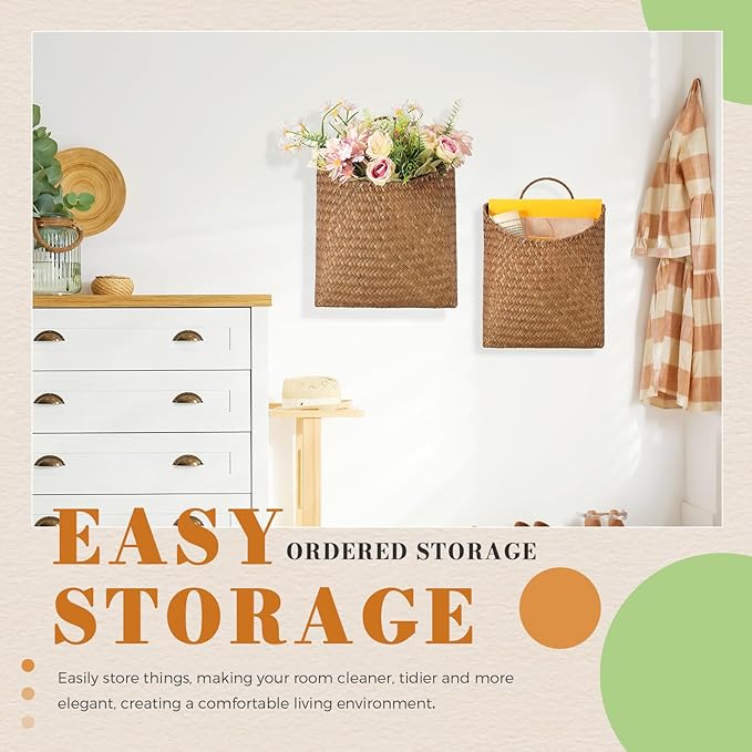 Boao 2 Pack Hanging Basket for Front Door Seagrass Wall Basket Hand Woven Different Sizes to Hold Flowers and Mail Wall Mounted Racks Storage Organize for Home Garden Farmhouse(Retro Color)