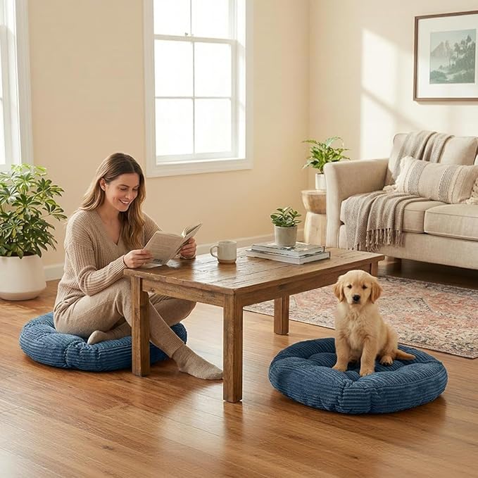 Large Floor Pillow for Adults, 22x22" Memory Foam Floor Cushion with Corduroy Cover, Round Floor Sitting Cushions for Meditation, Lounge,Seating for Yoga, Tatami Living Room (2, Round-Navy Blue)