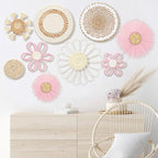 Chunful 9 Pcs Boho Nursery Wall Decor Daisy Flower Woven Macrame Seagrass Rattan Basket Wall Hanging Bohemian Decorations Gifts for Home Dorm Art Farmhouse Bedrooms Living Room(White Pink)