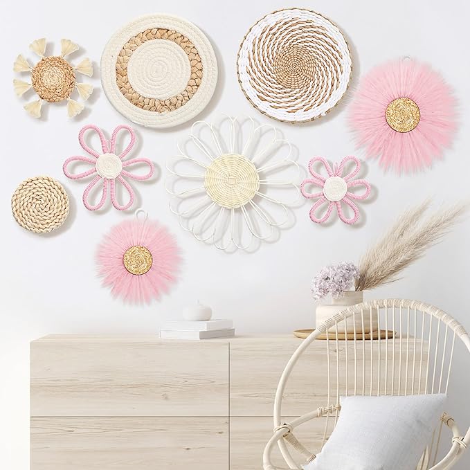 Chunful 9 Pcs Boho Nursery Wall Decor Daisy Flower Woven Macrame Seagrass Rattan Basket Wall Hanging Bohemian Decorations Gifts for Home Dorm Art Farmhouse Bedrooms Living Room(White Pink)