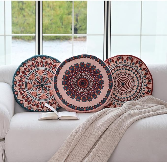 MOJUN Boho Floor Pillows Cushion, 17Round Meditation Floor Pillow Seating Cushion for Adults and Kids Bohemian Home Decorative Floor Cushions for Yoga Living Room Chair Tatami (Blue, 17.7inch)