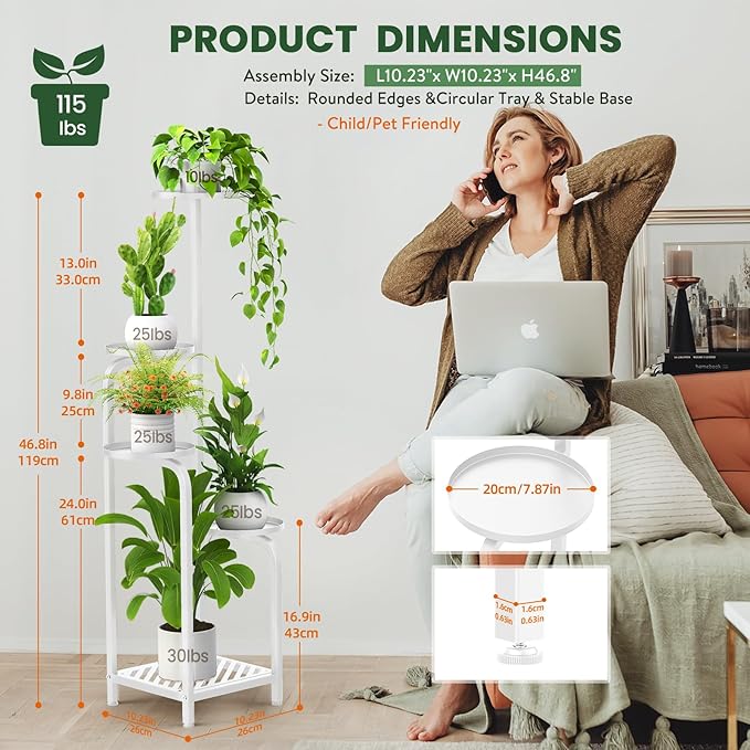 TOSKING 5 Tier Tall Plant Stand Indoor Outdoor,Anti-Tip Plant Stand indoor, Wide Base for Pots, Child and Pet Friendly,Heavy Duty Corner Shelf for Plants & Decor, Space Saving ,Tiered Metal Flower Pot Stand for Balcony, Garden, Living Room, Patio (Whit...