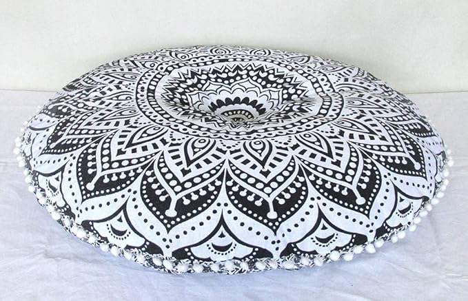 ICC 32 Inch Floor Pillows & Cushions covers Decorative Hippie Mandala Pouf Pillow covers Bohemian Seating Meditation Cushion Cover Large Boho Ottoman Case Pillowcase for Couch Grey
