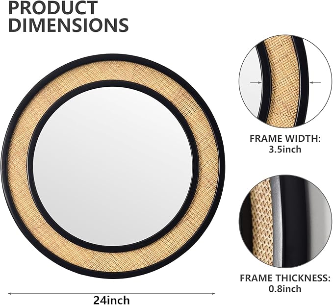Round Rattan Mirror, 24" Circle Wall Mirror, Farmhouse Wooden Vanity Mirror with Handmade Wicker Frame, Decorative Boho Mirror for Nursery Bedroom Living Room Entryway Black