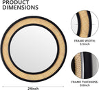 Round Rattan Mirror, 24" Circle Wall Mirror, Farmhouse Wooden Vanity Mirror with Handmade Wicker Frame, Decorative Boho Mirror for Nursery Bedroom Living Room Entryway Black