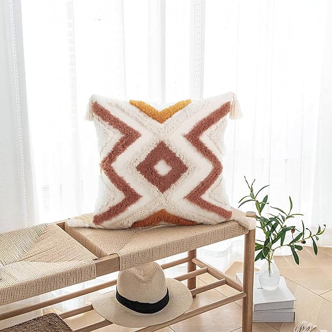JASEN Boho Throw Pillow Cover with Tassels, Woven Tufted Decorative Pillow Cover, Orange Pillow Covers 18x18 for Couch Sofa Bedroom Living Room（No Pillow Insert, 1Pcs）