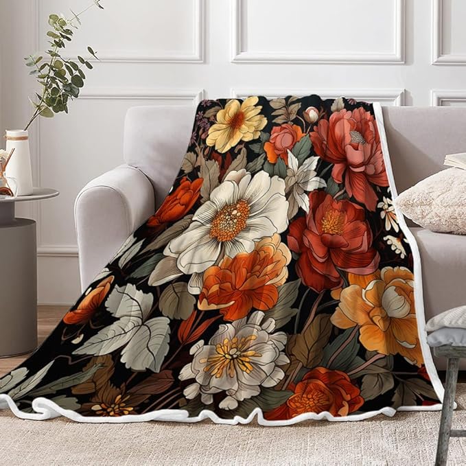 Boho Floral Throw Blanket Colorful Bohemian Flowers Decorative Soft Warm Cozy Blanket Plush Throws Blankets for Women Girls Kids Couch Travel 60 x 80 Inch