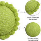 Acrylic Knitted Round Throw Pillow Knitting Bohemian Circular Cushion Pillow with Knit Handmade Pompoms Decorative Apple Green, Diameter 18inches
