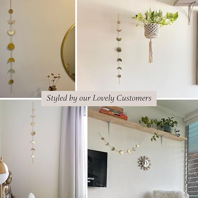 BASE ROOTS Moon Phase Wall Decor, Gold Wall Decor for Bedroom & Living Room, Bohemian Wall Decor, Handmade Hammered Metal 34" 7 Phases Moon Wall Decor, Celestial Wall Art, Gift for Women & Kids