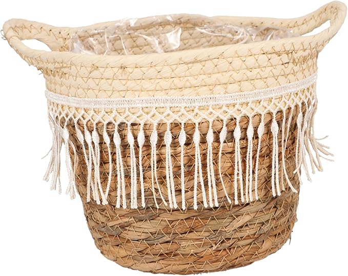 Toyvian Rustic Woven Planter Basket with Liner and Tassel Handcrafted Grass Rope Flower Pot Holder for Indoor Plants Boho Decorative Farmhouse Storage and Flower Arrangement Container