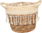 Toyvian Rustic Woven Planter Basket with Liner and Tassel Handcrafted Grass Rope Flower Pot Holder for Indoor Plants Boho Decorative Farmhouse Storage and Flower Arrangement Container