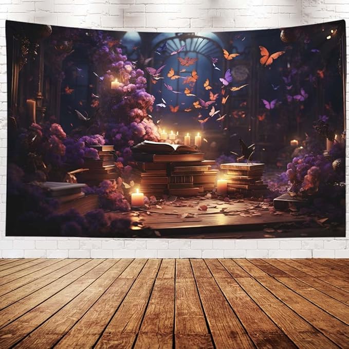 EMMTEEY Medieval Books Vintage Tapestry 80X60 Inch - Mystical Butterflies Living Room Wall Decor Fantasy Fairy Backdrop for Bedroom Dorm