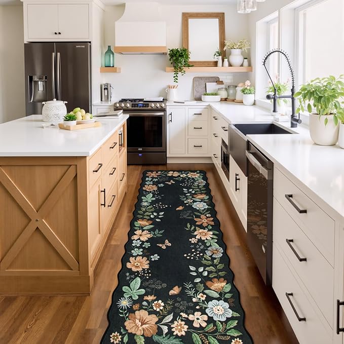 Lahome Floral Runner Rug for Hallways, 2'6''x8' Kitchen Runner Non Slip, Soft Washable Hallway Rugs with Rubber Backing Carpet for Laundry Bedroom Bathroom Flore (Black/Grey)