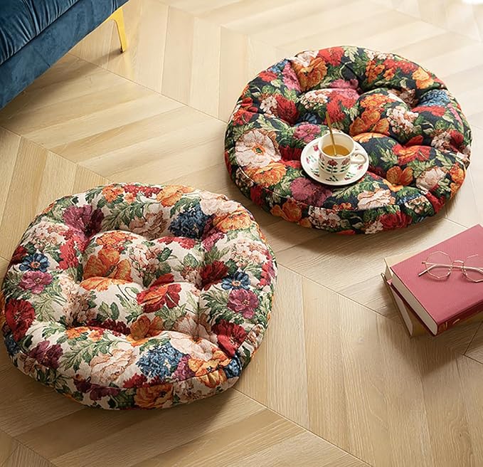 Round Bohemian Floor Pillow, Meditation Floor Seat Cushion, Large Soft Cotton Linen Pillows for Yoga Living Room Balcony Outdoor Tatami, 22x22 Inches (Yellow Round)