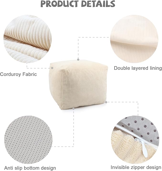Sexysamba Square Corduroy Pouf Cover Only, 20"x 16" Unstuffed Decorative Ottoman Foot Stool Rest, Washable Storage Bean Bag Chair Floor Pouf Covers for Living Room Bedroom, Beige