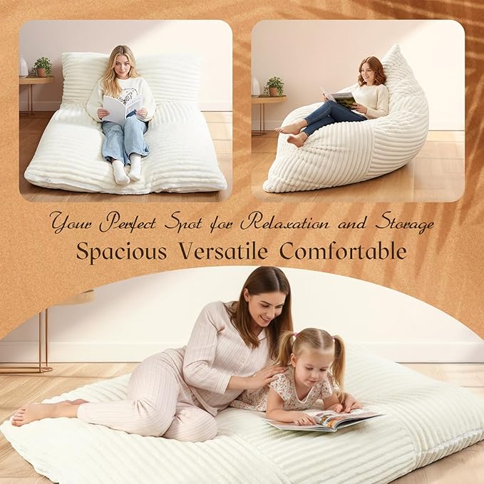 Honeydak 3 in 1 Giant Bean Bag Chair Cover Only (No Filler) Convertible Bean Bag Lazy Floor Sofa Cover Without Filling Washable Multifunctional Stuffed Animal Storage for Bedroom Living Room