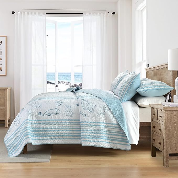 HORIMOTE HOME Coastal Quilt Bedding Set King Size, Striped Blue Summer Beach Quilt Lightweight Ocean Nautical Comforter Tropical Bedspread Coverlet with 2 Pillow Shams for All Seasons (106"x96")