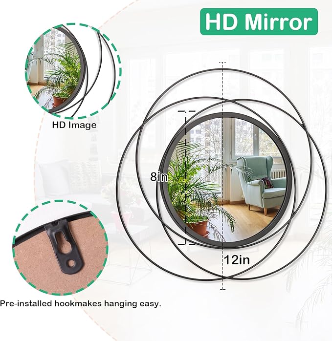 Black Circle Mirror Wall Decorative Metal Wall Mirror, Art Small Round Wall Home Mirror, Decor Living Room Bedroom Bathroom Entryway 12"