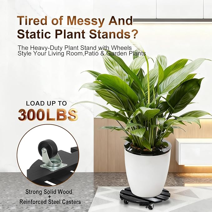 2 Pack Plant Caddy with Wheels 13'' Rolling Plant Stand Indoor Outdoor, Heavy Duty Wooden Plant Stand with Wheels 300Lbs Capacity with 360°Lockable Rolling Base for Pot, Planter, Tray, Patio