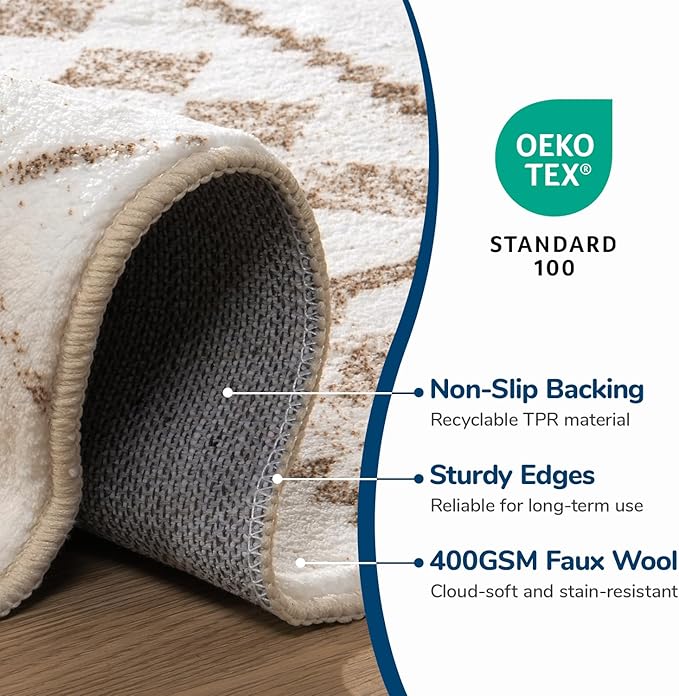 Lessymo Washable Area Rugs 6x9 for Bedroom Living Room Kitchen, Ultra-Soft Faux Wool Geometric Area Rug with Non-Slip Rubber, Kid & Pet Friendly, Geometric Beige