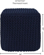 REDEARTH Square Hand Knitted Pouf - Foot Stool Ottoman Coffee Table - Cotton Cord Boho Pouffe - Poof Accent Footrest for Living Room - Bedroom - Library (16" x 16" x 16") - Navy Blue
