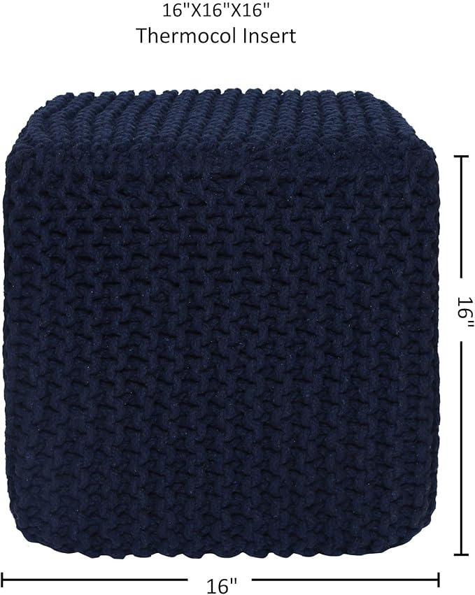 REDEARTH Square Hand Knitted Pouf - Foot Stool Ottoman Coffee Table - Cotton Cord Boho Pouffe - Poof Accent Footrest for Living Room - Bedroom - Library (16" x 16" x 16") - Navy Blue
