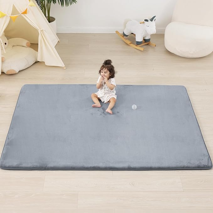 1.3" Thick Baby Floor Play Mat 79x158, Basic Padded Foam Mat for Tummy Time Crawling, Non Slip Cushioned for Babies Toddlers Infants Kids (Light Grey)