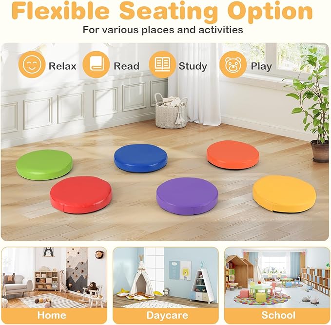 HONEY JOY 6PCS Floor Cushions for Kids, 14" Length Flexible Alternative Portable Classroom Seating with Handles, Easy to Clean, Thick Soft Foam Comfy Round Seats for Daycare Preschool (Colorful)