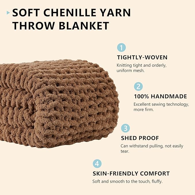 L'AGRATY Chunky Knit Blanket Throw - Soft Chenille Yarn Throw Blanket 40x50： Handmade Thick Cable Knit Crochet Blanke - Large Knit Blanket Chunky Rope Knot Throw Blanket for Couch Sofa Bed Home Decor