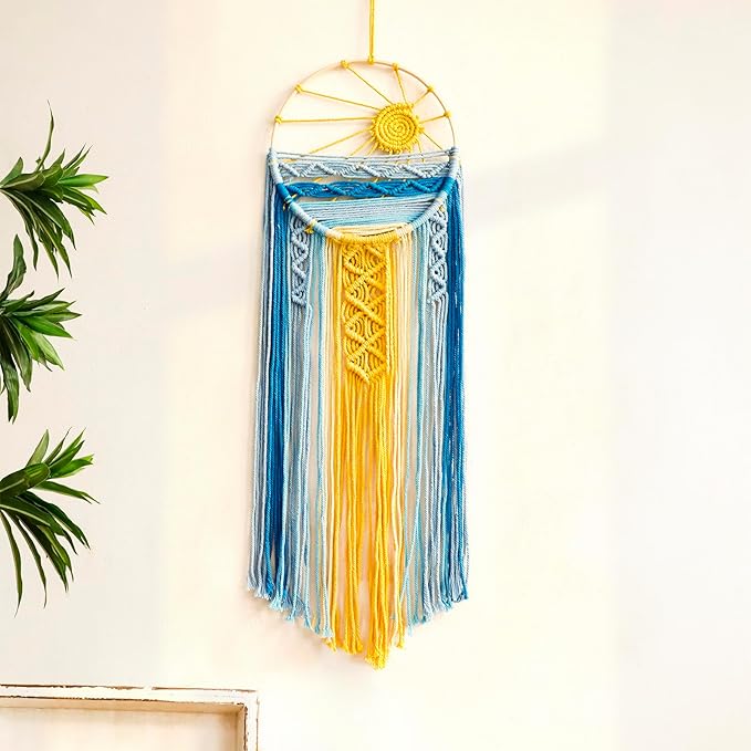 Artilady Mcrame Blue Sun Wall Decor- Boho Wall Hanging Tapestry Sunset Wall Art, Boho Woven Tapestries Big Dream Catcher Colorful Decor for Bedroom Living Room Nursery (Blue Sunset)