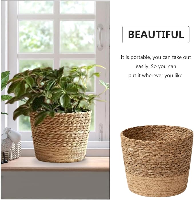 Woven Flower Pot Basket, Seagrass Storage Organizer Planter, Rustic Decorative Plant Containers Cover Laundry Bin for Porch Living Room Entryway (Khaki, 7.9Inch)