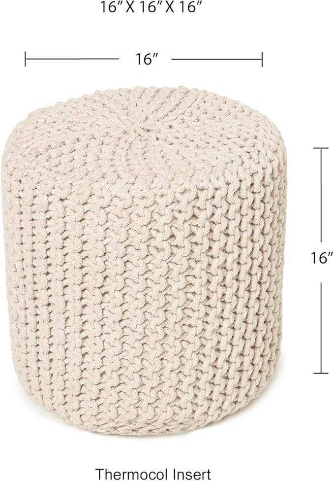 REDEARTH · Cylindrical Hand Knitted Pouf - Foot Stool Ottoman - Cord Boho Pouffe - Cotton Round Poof for Home Decor - Living Room - Nursery - Bedroom - Patio (16" x 16" x 16") - Ivory