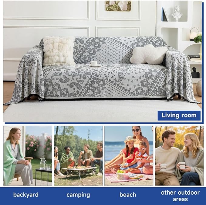 ROOMLIFE Black Couch Covers for Sofa, Sofa Covers Washable Non Slip Furniture Protector Couch Sofa Covers for 3 Cushion Couch, Breathable Sofa Slipcovers Couch Cover Blanket with Tassels 71" X 134"