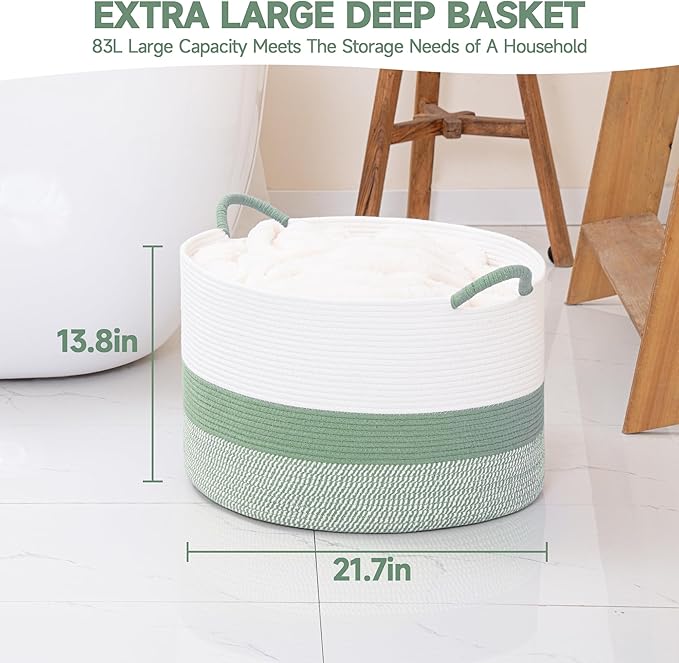 CLHMILY&Z Round Cotton Rope Storage Basket - 22x14.2 Inches - Cute Nursery Bin, Baby Toy Organizer, Green Organizer for Home Decor, Multi-Purpose Home Tidy Solution